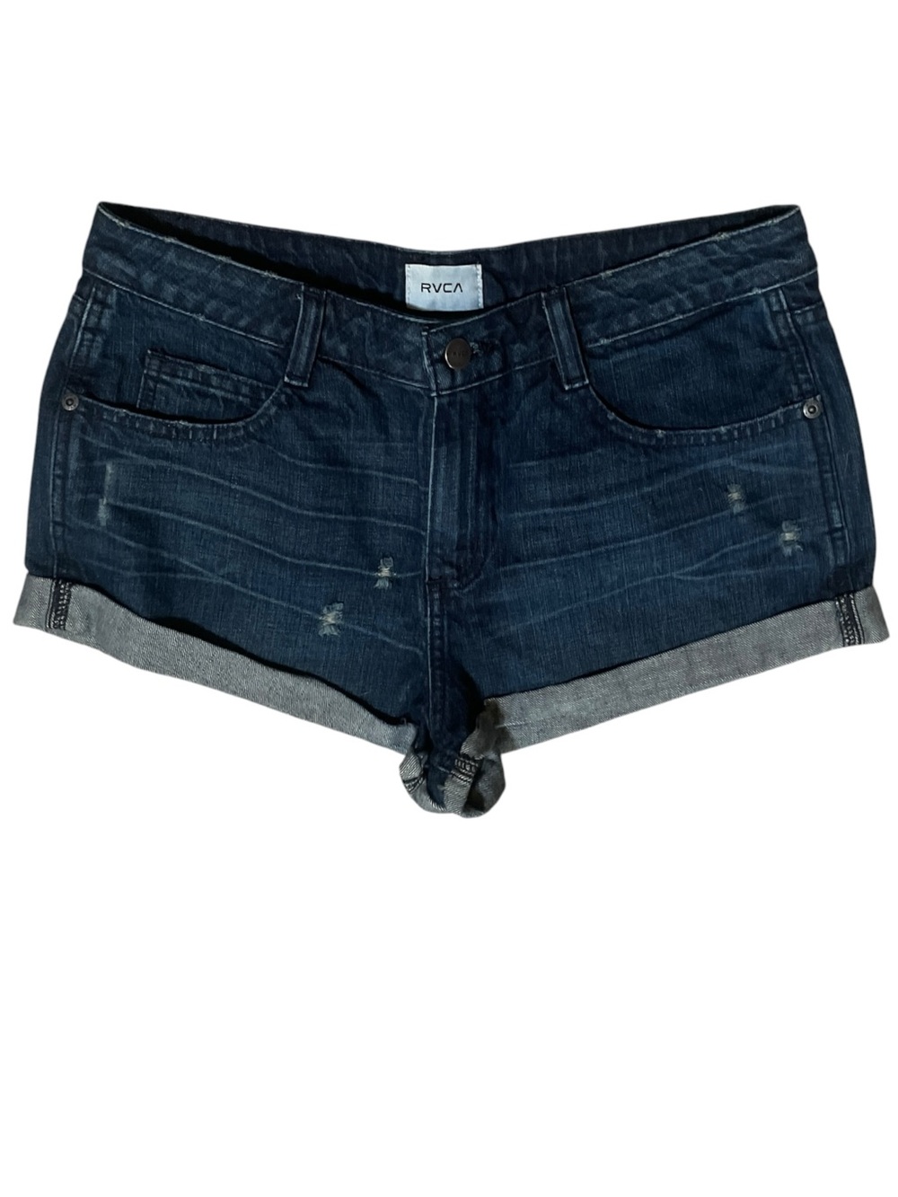 RVCA Women's Dark Wash Denim Roll Cuff Slouch Shorts Slight Distressing Size 28